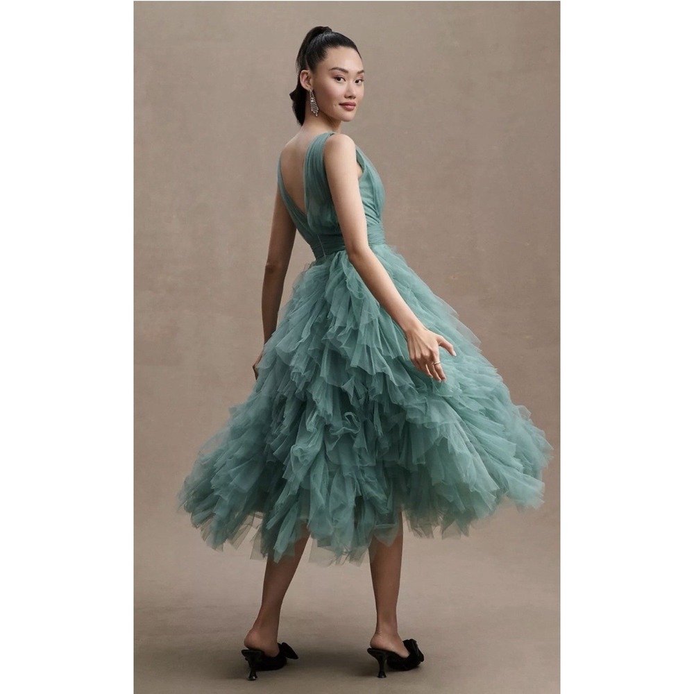 Mac Duggal 20411 Jade Green Tiered Ruffle Tulle Midi Dress Size 4 $598 - Picture 5 of 10